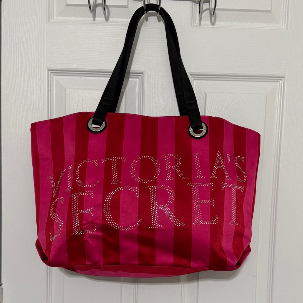 Victoria's Secret Striped Pink Tote with Black Handles